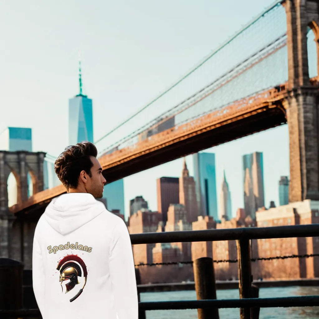 Un homme portant le sweat léger Léonidas blanc devant le pont de Brooklyn à New York City, NY