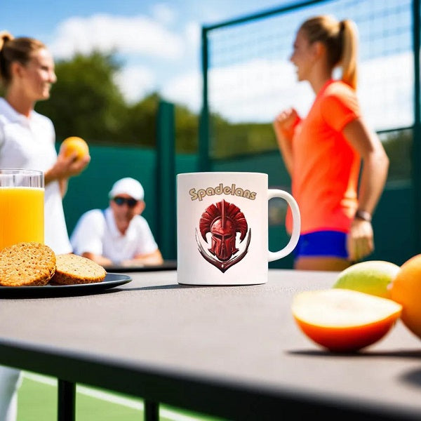 Mug Amyclas sur une table de petit déjeuner près d'une piste de padel